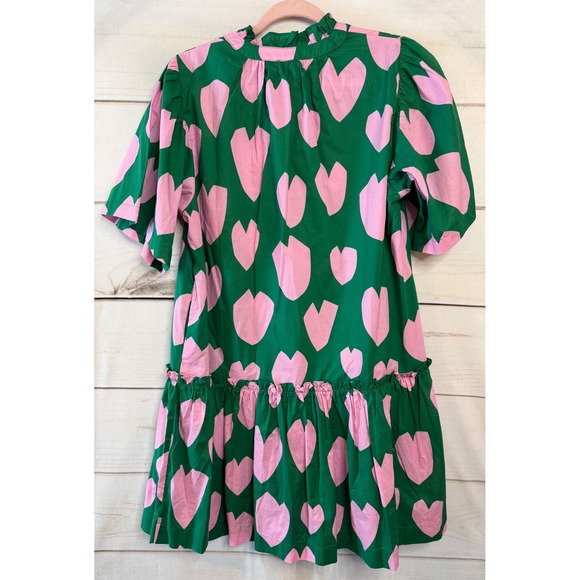 Pinch Tina Dress Green Pink Heart Print Cotton Ruffle Mini Dress Large NEW - Picture 6 of 6